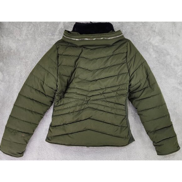 Snobbish Puffer Jacket Womens Large Olive Green Black Faux Fur Hooded Full Zip - Picture 2 of 16